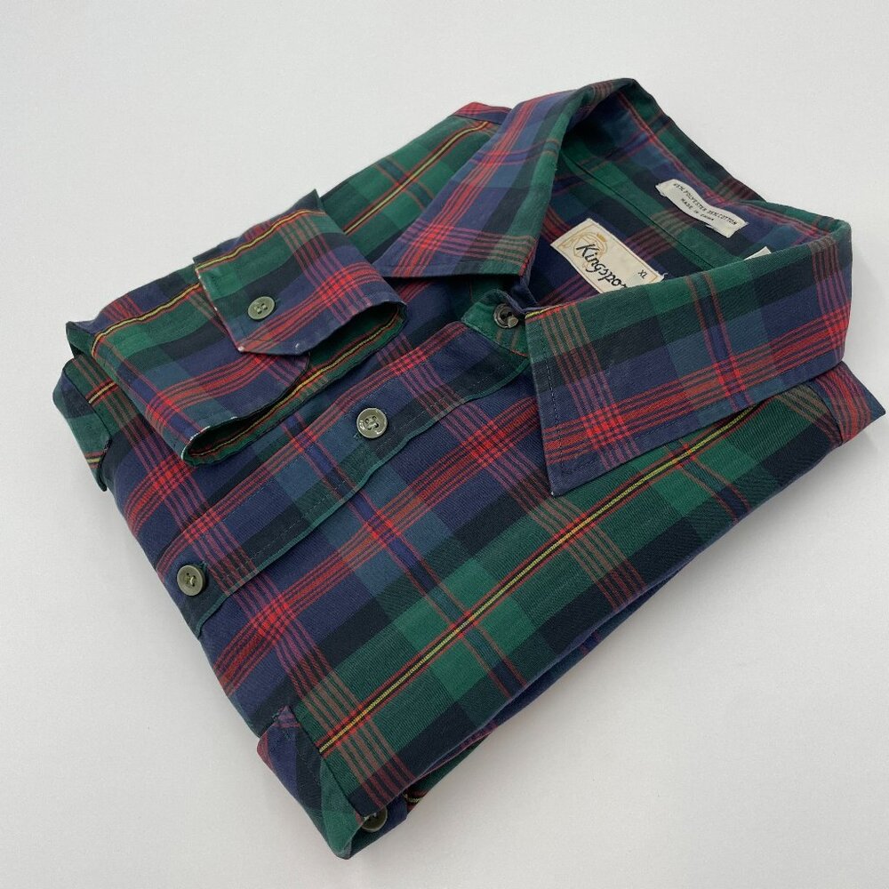 Vintage Men's Shirt Button-Up Plaid Size XL Distressed Kingsport Christmas Green